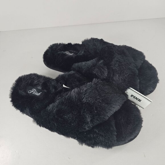 Victorias Secret Pink Black Faux Fur Slippers Small Criss Cross - Picture 2 of 6